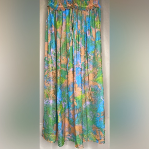 Current Air Anthropologie Pleated Dress Green Flutter Sleeve Abstract Sz M - Picture 4 of 9
